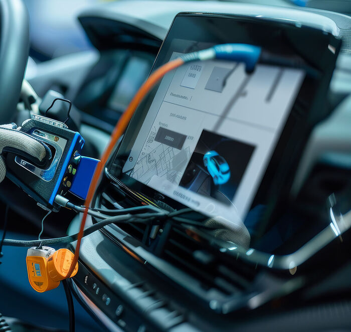 Electric vehicle diagnostic system connected to dashboard screen at Hamilton Auto Centre